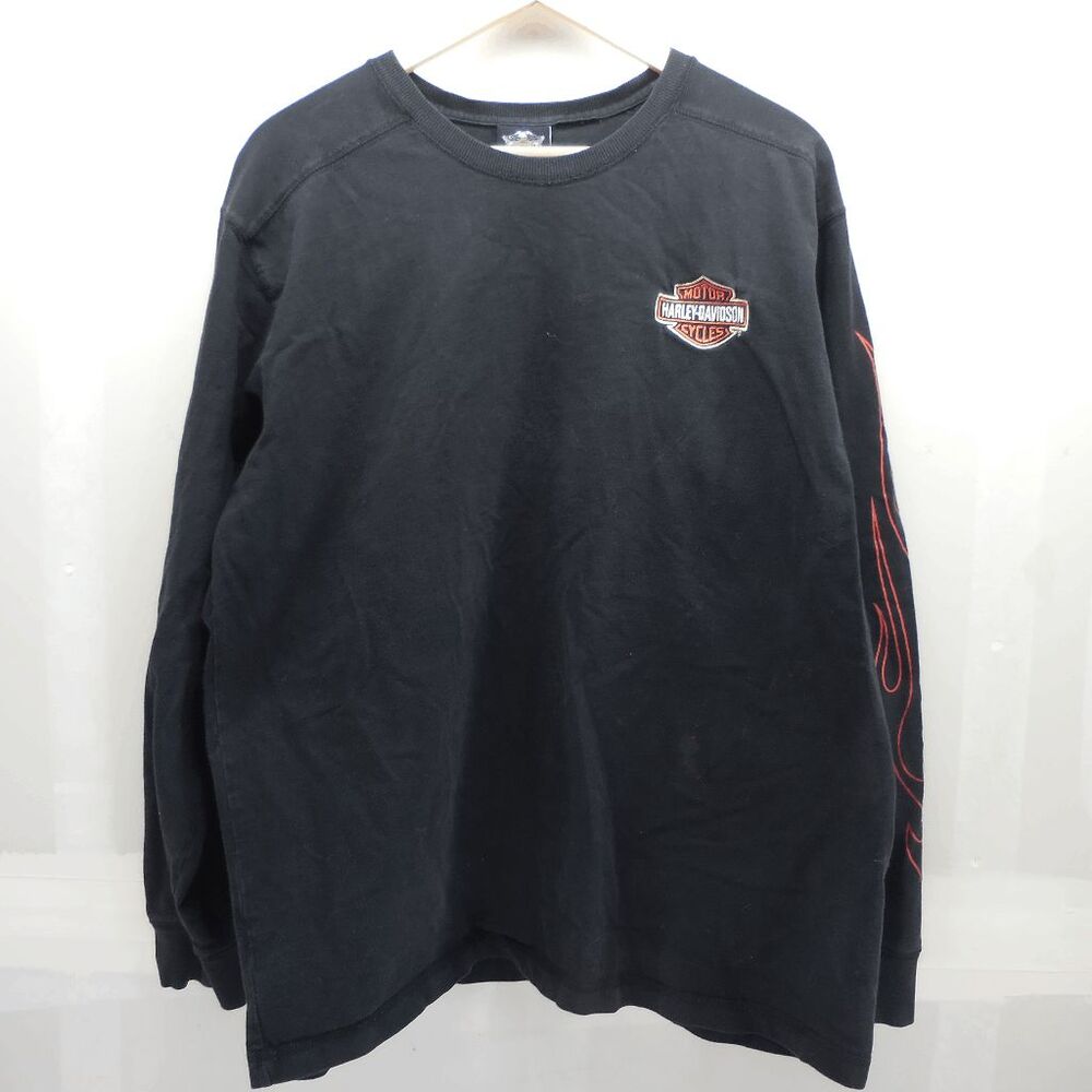 Vintage Harley Davidson Long Sleeve Flames Y2K Black Embroidered Front Back 2XL‎